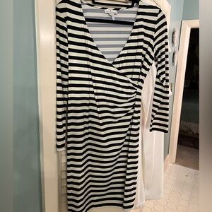 Jude Connally Navy and White Quarter Length Striped Sheath Dress